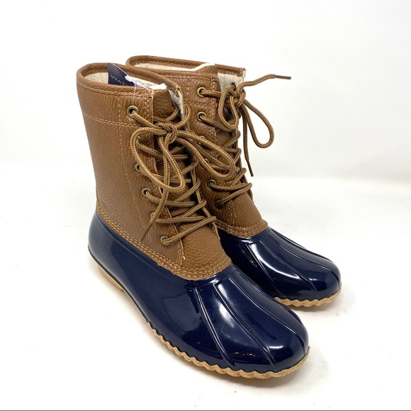 New in Box Brown Navy Blue Faux Fur Vegan Leather Waterproof Duck Boots - Picture 4 of 11